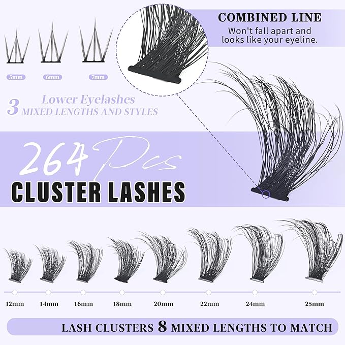 Lash Clusters with Bottom Lashes Thick 200D Volume Individual Lashes 12-25mm Wispy Eyelash Clusters D Curl Cluster Eyelash Extensions 264pcs DIY Lash Extension for Beginners