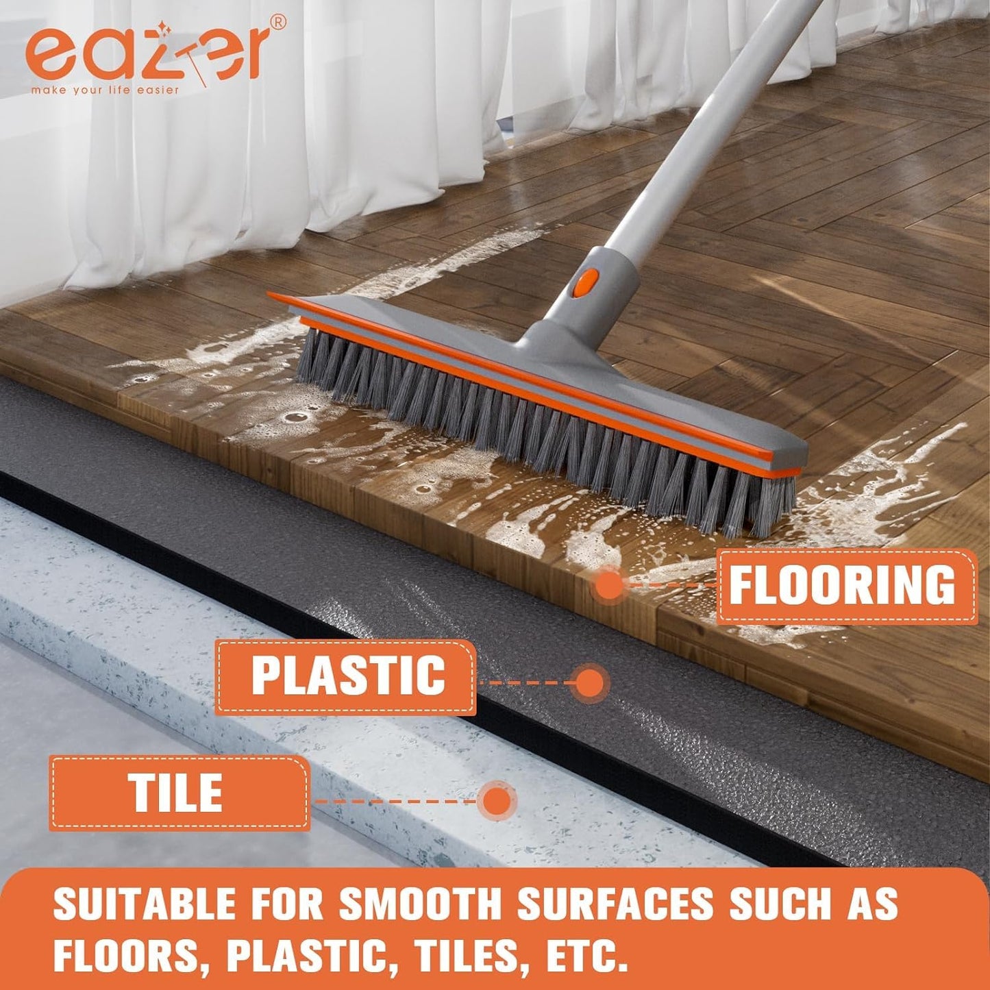Eazer 2-in-1 Floor Scrub Brush with Long Handle, Soft/Hard Bristle Concrete Deck Brush with Squeegee, Garage Floor Cleaner for Tile/Concrete, Indoor/Outdoor Kitchen Bathroom Pool Deck -12" W/60 H