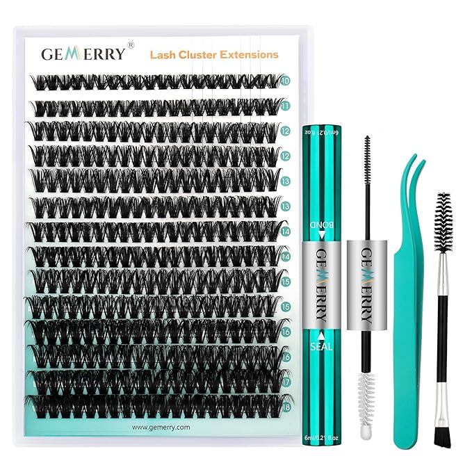 GEMERRY Fluffy Lash Extension Kit Thick Lash Clusters Kit Eyelash Clusters 280Pcs D Curl Eyelash Extension Kit With Lash Bond and Seal, Lash Tweezers, DIY Lash Extension(60P-10-18mm)