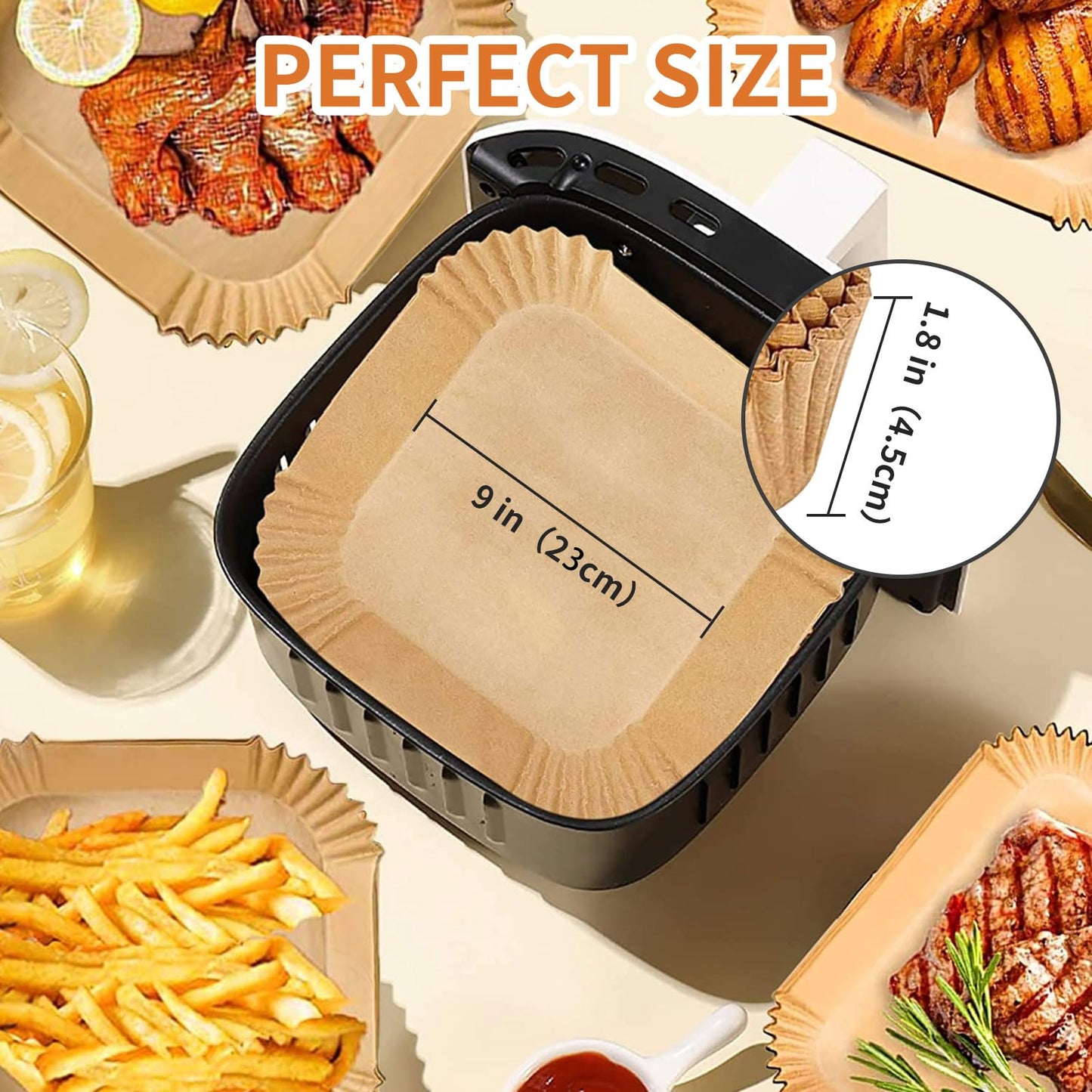 Air Fryer Disposable Paper Liner Square 9 Inch, 100PCS Large Paper Liners for 6-10QT Air fryer, Non-stick Parchment Paper for Frying, Steamer, Baking, Microwave Etc