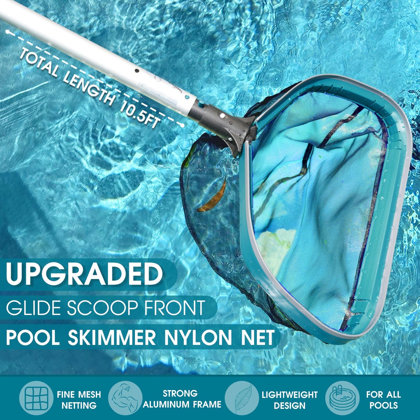 Swimming Pool Cleaning Kit - Aluminum Frame Skimmer Net with 10Ft Adjustable Pole & 17.5” Pool Brush Head, Pools Maintenance Kits for Inground & Above Ground Swimming Pools, Removes Debris