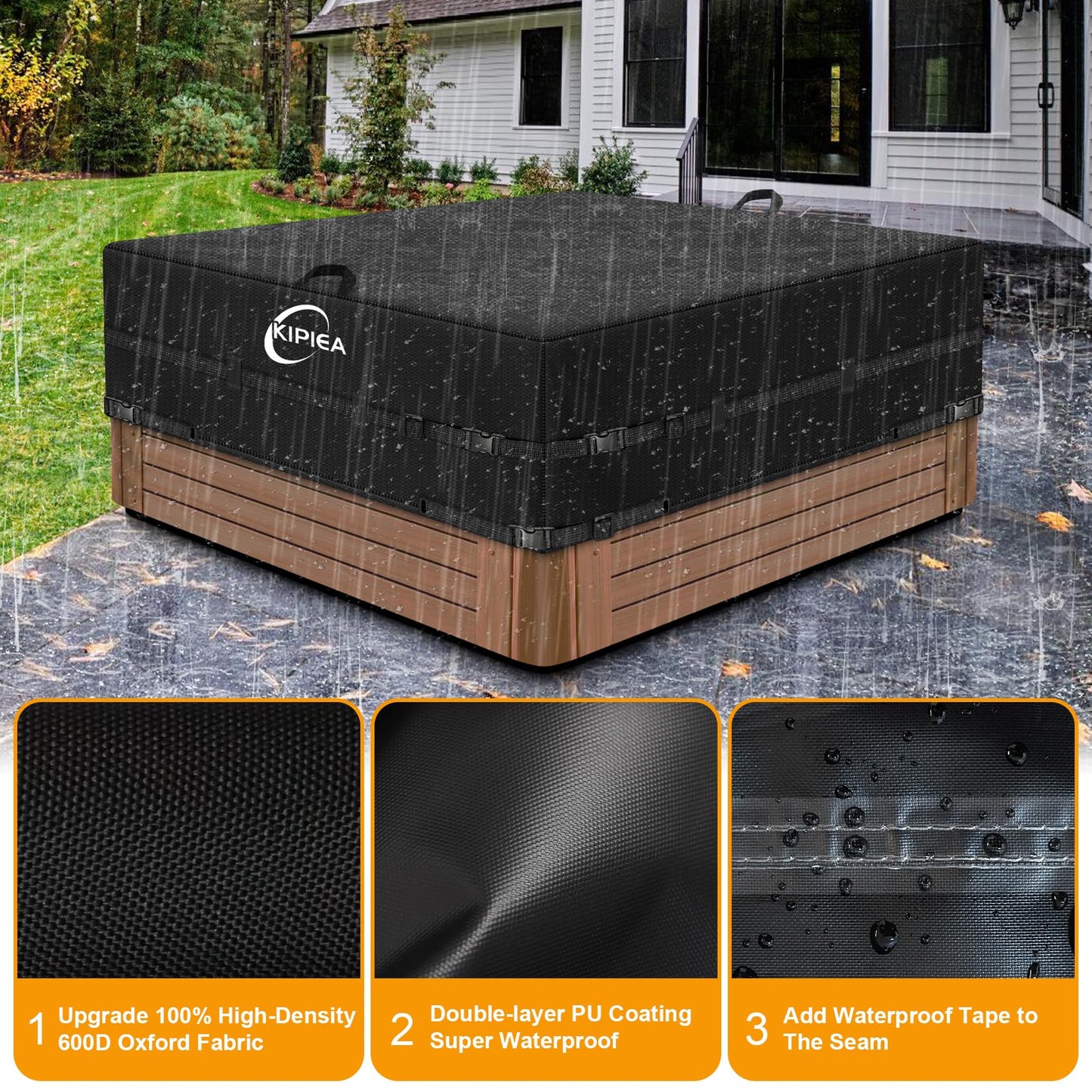 Kipiea 600D Outdoor Waterproof Square Hot Tub Cover Protector, Heavy Duty Polyester SPA Cover UV Protection Cover 95" L x 95" W x 20" H, Black