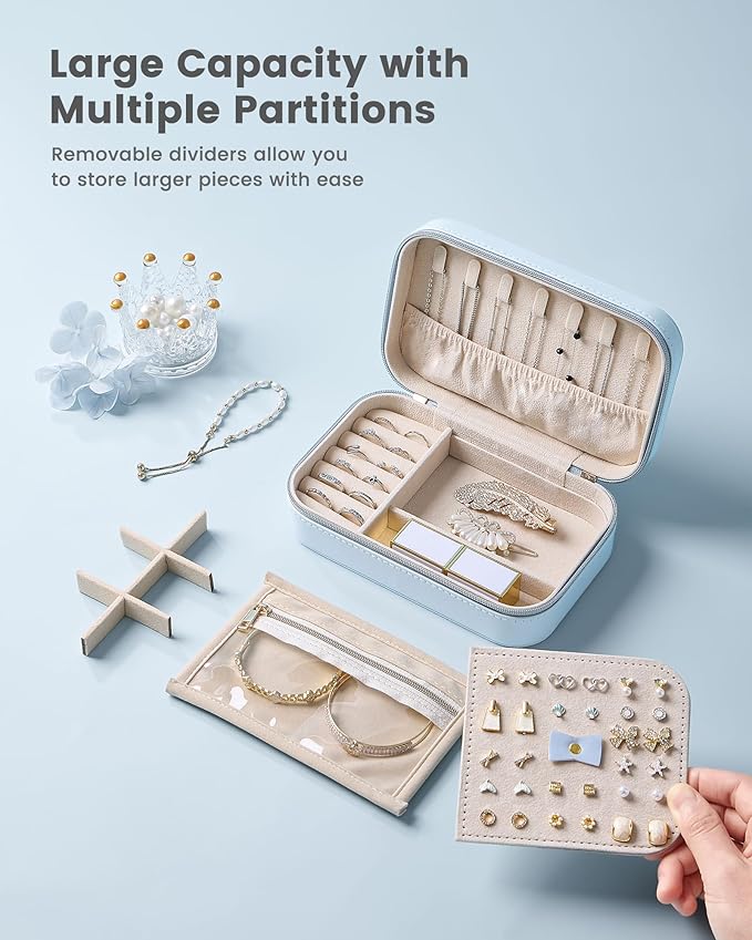 Lolalet Travel Jewelry Case for Women Girls, Travel Jewelry Organizer with Clear Storage Bag Small Portable Jewelry Box for Necklace Bracelet Earring Ring Birthday Bridesmaid Gifts -Medium/Blue