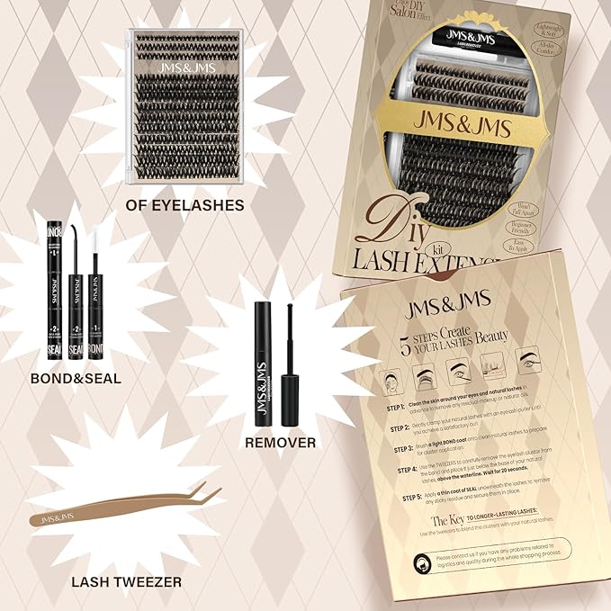 JMS&JMS Flaunt Lash Clusters Kit Flora Lash Extension Kit CC Curl Individual Lashes Eyelash Extension Kit with Lash Bond and Seal, Lash Remover, Lash Tweezers at Home (Flora-8-18mix)