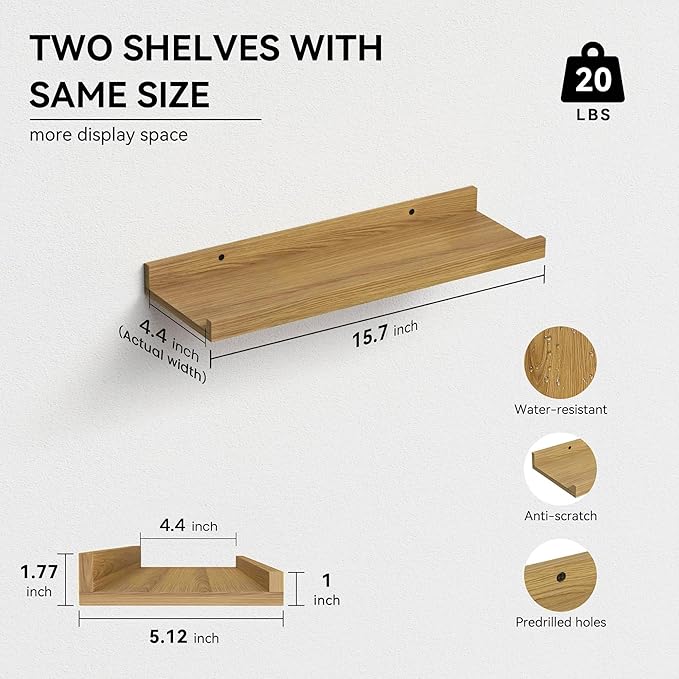 Boswillon Floating Shelves Set of 2, Modern Wall Shelves with Lip, Display Picture Ledge for Bedroom, Living Room, Bathroom, Kitchen - Oak