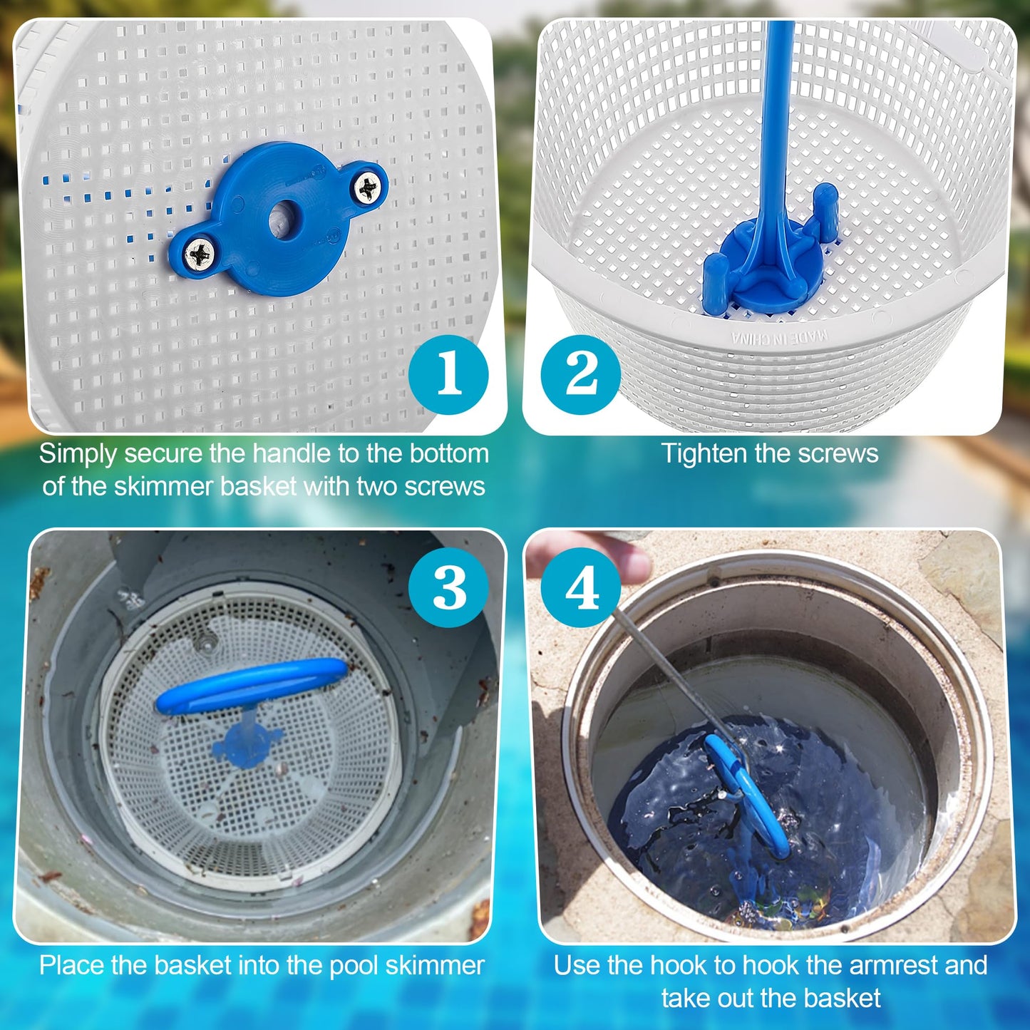 2 Set 8" Pool Skimmer Basket for Inground Pool with 2 Skimmer Baskets Handle and 1 Stainless Steel Hook, White Universal Pools Filter Basket Skimmers for Debris Removal, Keep Hands Clean