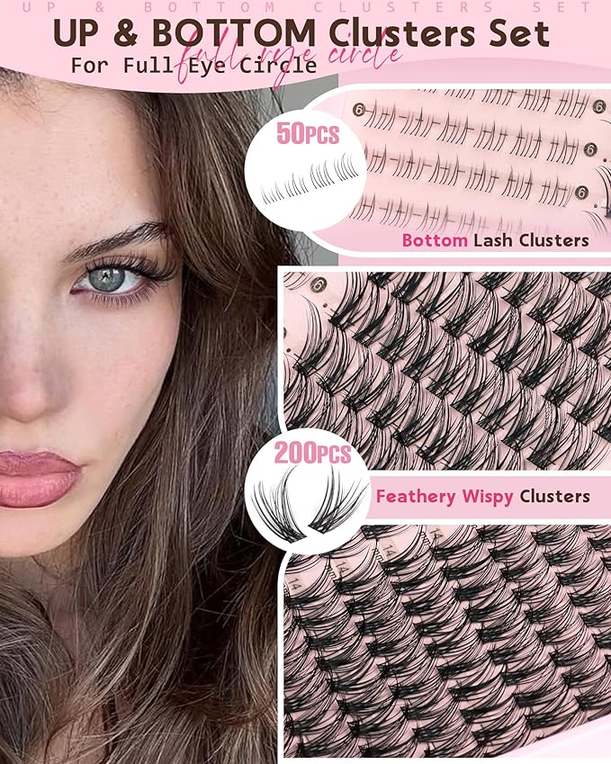 Goddvenus 250Pcs Natural Lash Clusters Kit Cluster Eyelash Extensions Kit Wispy DIY C Curl Individual Lashes Clusters With Bottom Eyelashes