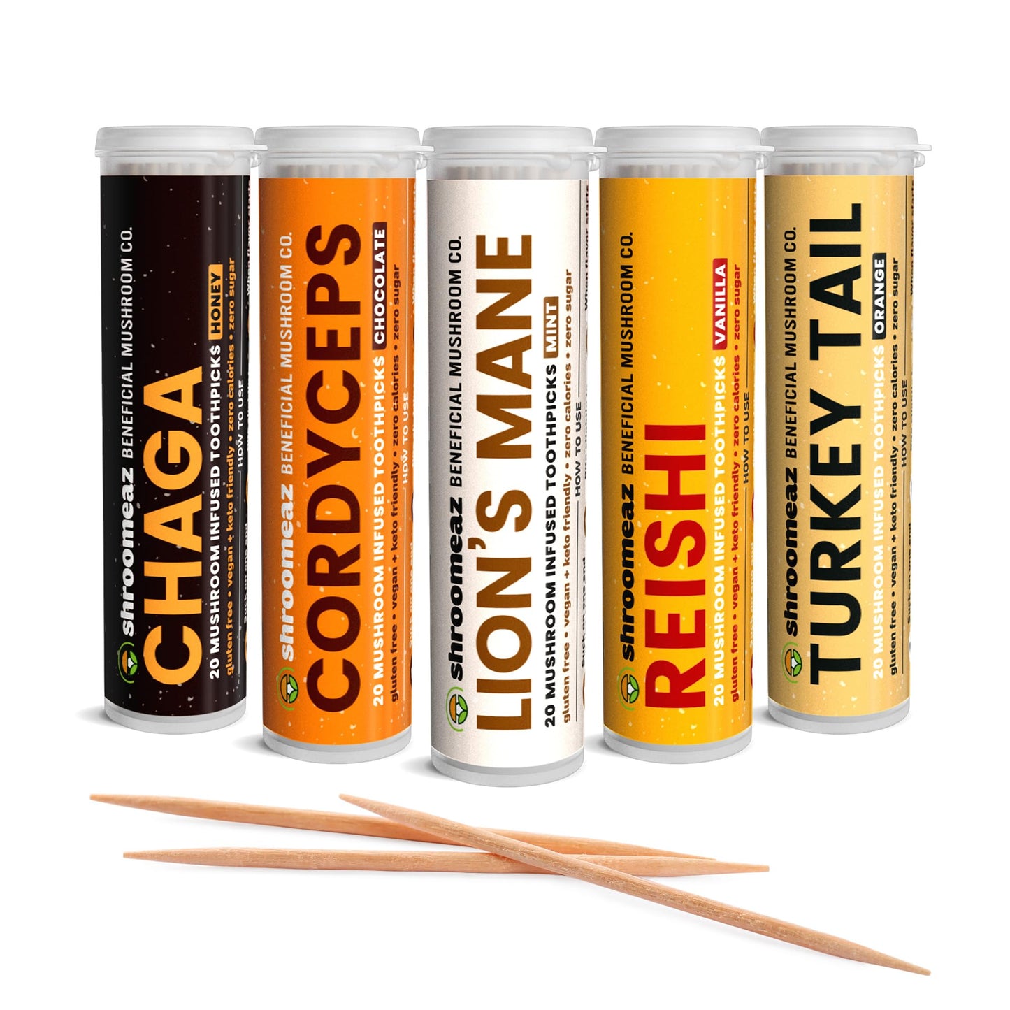 Shroomeaz Infused Flavored Toothpicks (100 Picks - 5 Pack - Variety- Vanilla, Honey, Chocolate, Orange, Mint)