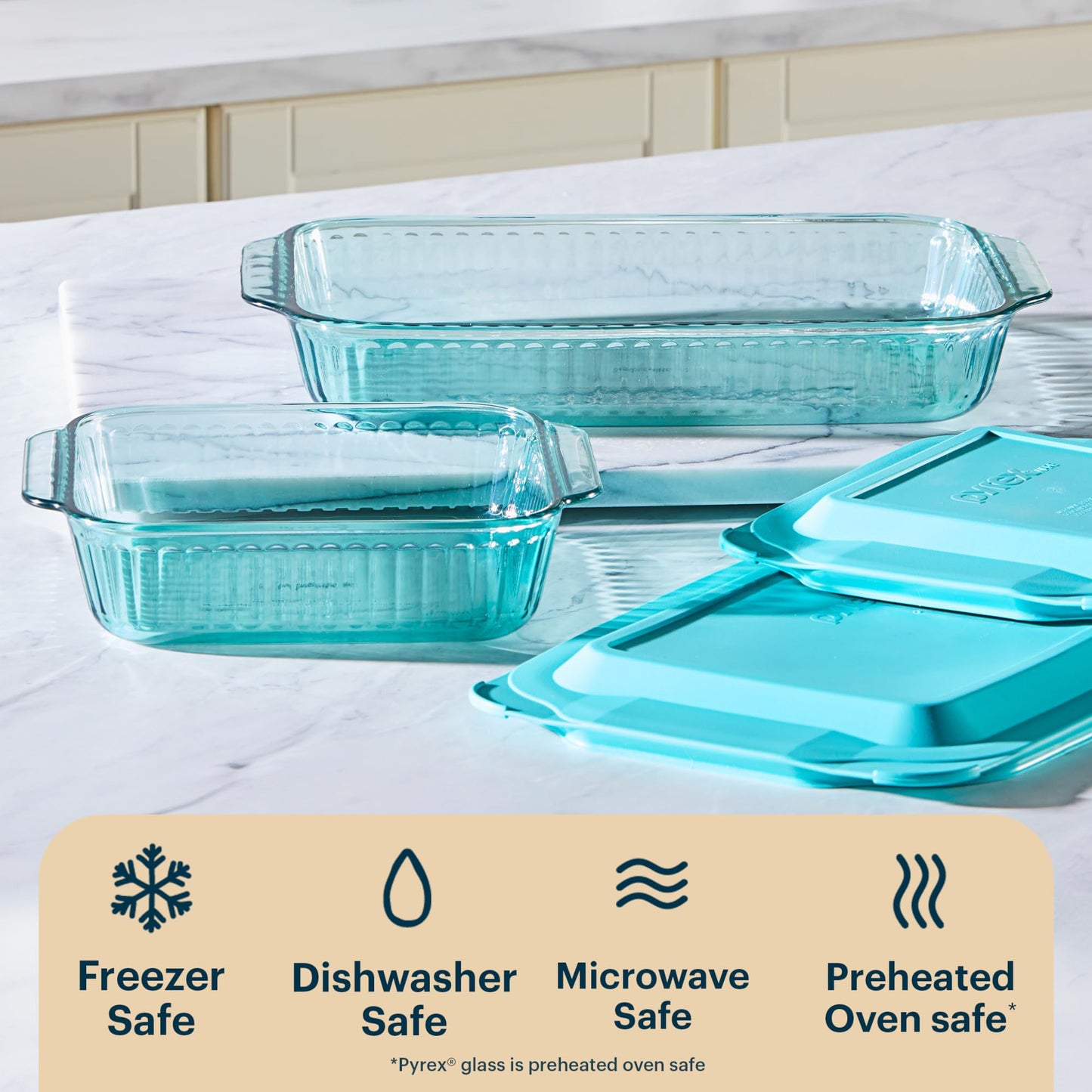 Pyrex Colors Tinted (2-Pack, Full Set) Tinted Glass Baking Dish with BPA-Free Lid, Oblong Bakeware Glass Pan For Casserole & Lasagna, Dishwasher, Freezer, Microwave and Pre-Heated Oven Safe, Aqua