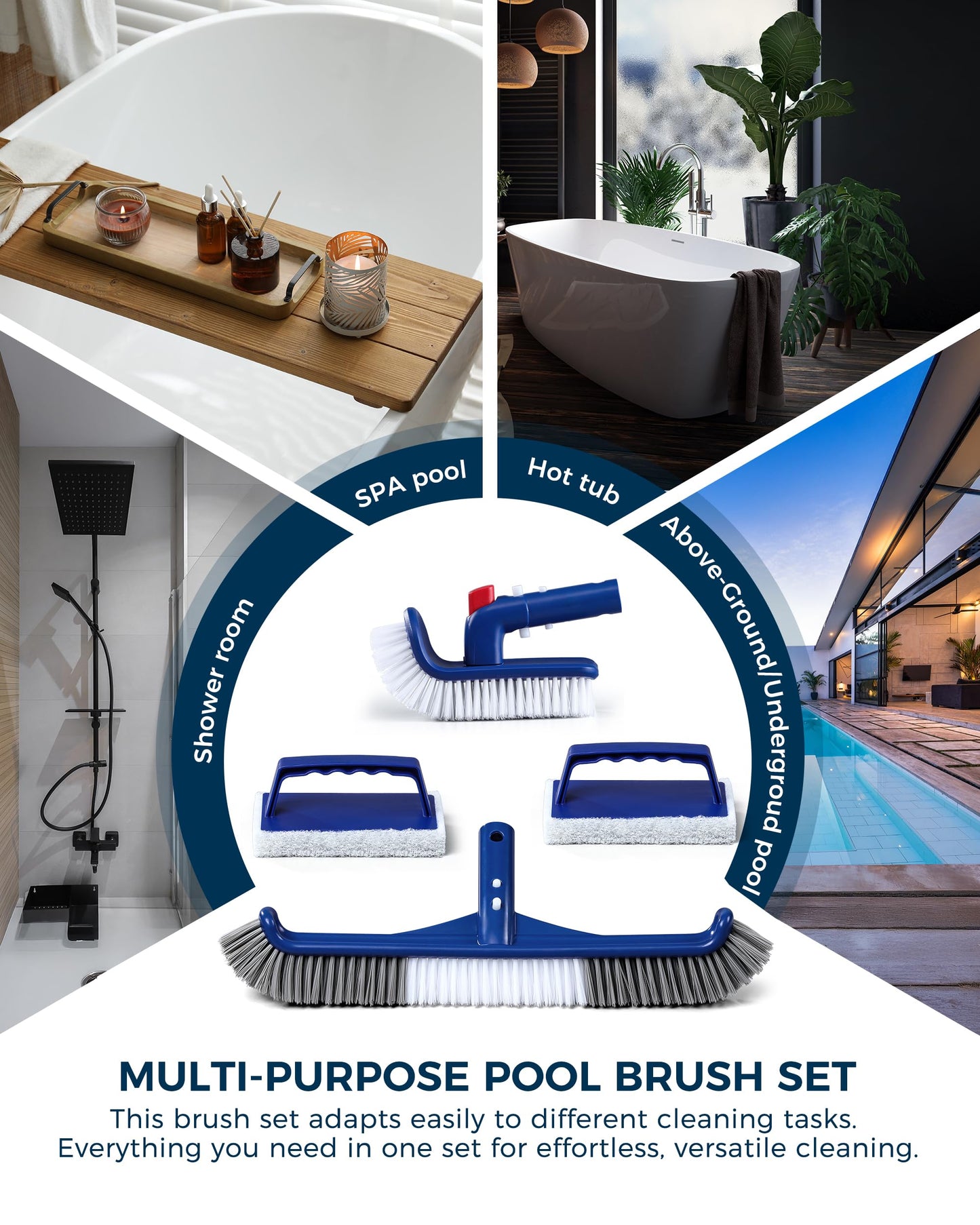3-in-1 Full-Coverage Pool Brush Head Set - Includes 17.5" Long Brush, Rotatable Handheld/Extension Pole Brush, Sponge Brush, Durable Scrubber Brush Set for Pool Floors/Corners/Steps