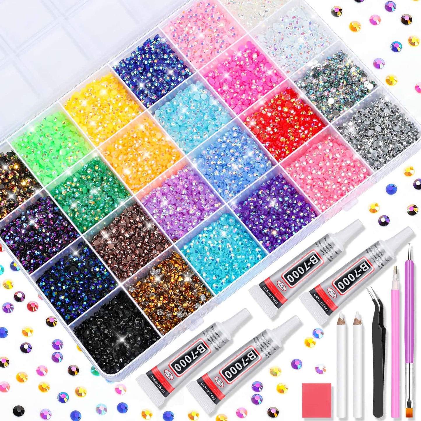 B7000 Glue with Rhinestones for Bedazzling Crafting, 31200Pcs Rainbow Crystals 3MM Flat Back Gems with Jewelry Glue Adhesive for DIY Graduation Cap Decorations Phone Case Wedding Shoes