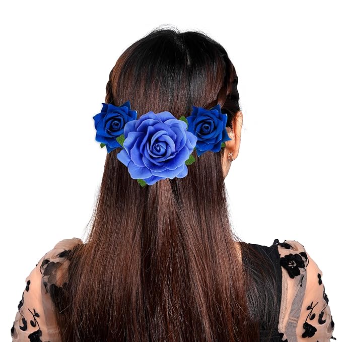 Rose Hair Clip Flower Hairpin Brooch Floral Clips, 4 Pcs Fabric Rose Flowers Hair Clips Mexican Hair Flowers Pin up Headpieces for Woman Girl Wedding Party Mother's Day (2 Sizes) (Blue)