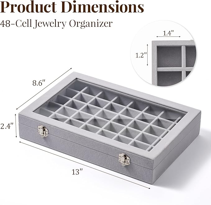 48 Grid Earring Organizer and Storage: Velvet Jewelry Tray with Lid, Jewelry Box for Studs, Earrings, Rings, Necklaces, Dresser & Vanity, Earrings Case Organizer for Girls, Women, 13"x8.6"x2.4", Grey