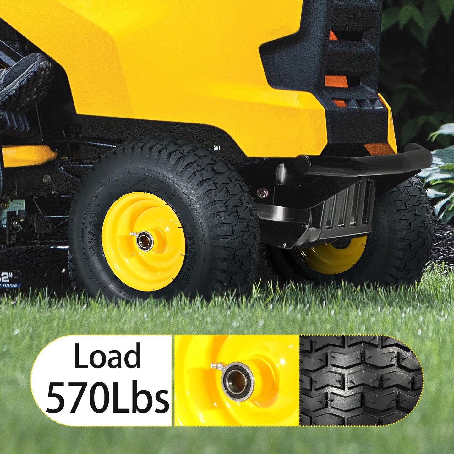 RONPOW 15x6.00-6nhs Lawn Mower Tires and Wheels, Riding Lawn Mower and Tractor Front Pneumatic Tire Replacement Assembly, Compatible with john deere Mower, 3" Offset Hub, 3/4" Bearing, 2Pack Yellow