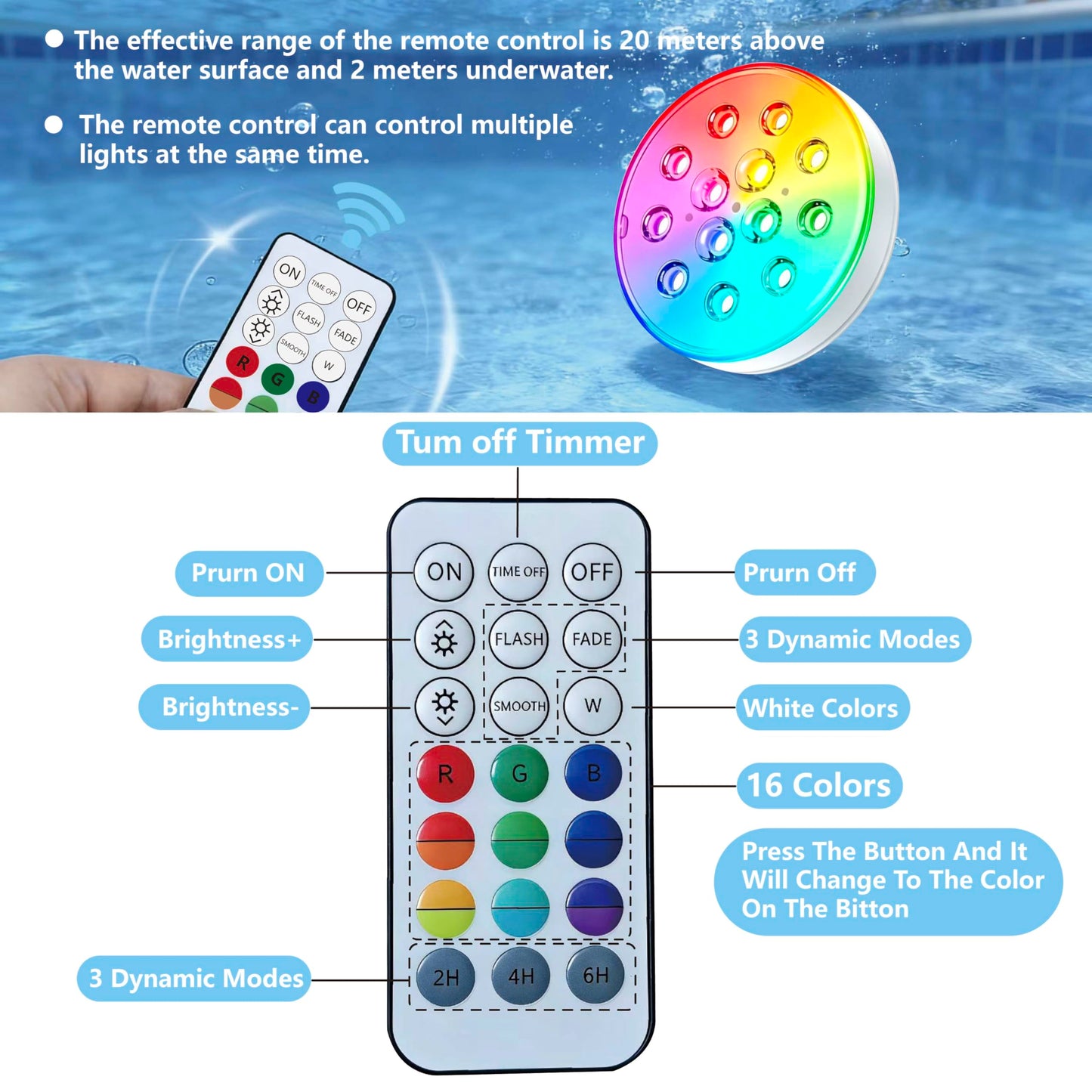 Upgraded Magnetic Pool Lights for Above ground and inground pool, Rechargeable Underwater RGB 16 Colors Submersible LED Lights with Remote & Timer Off, for Hot Tubs, Fountains, Party, Vase - 2 Pack