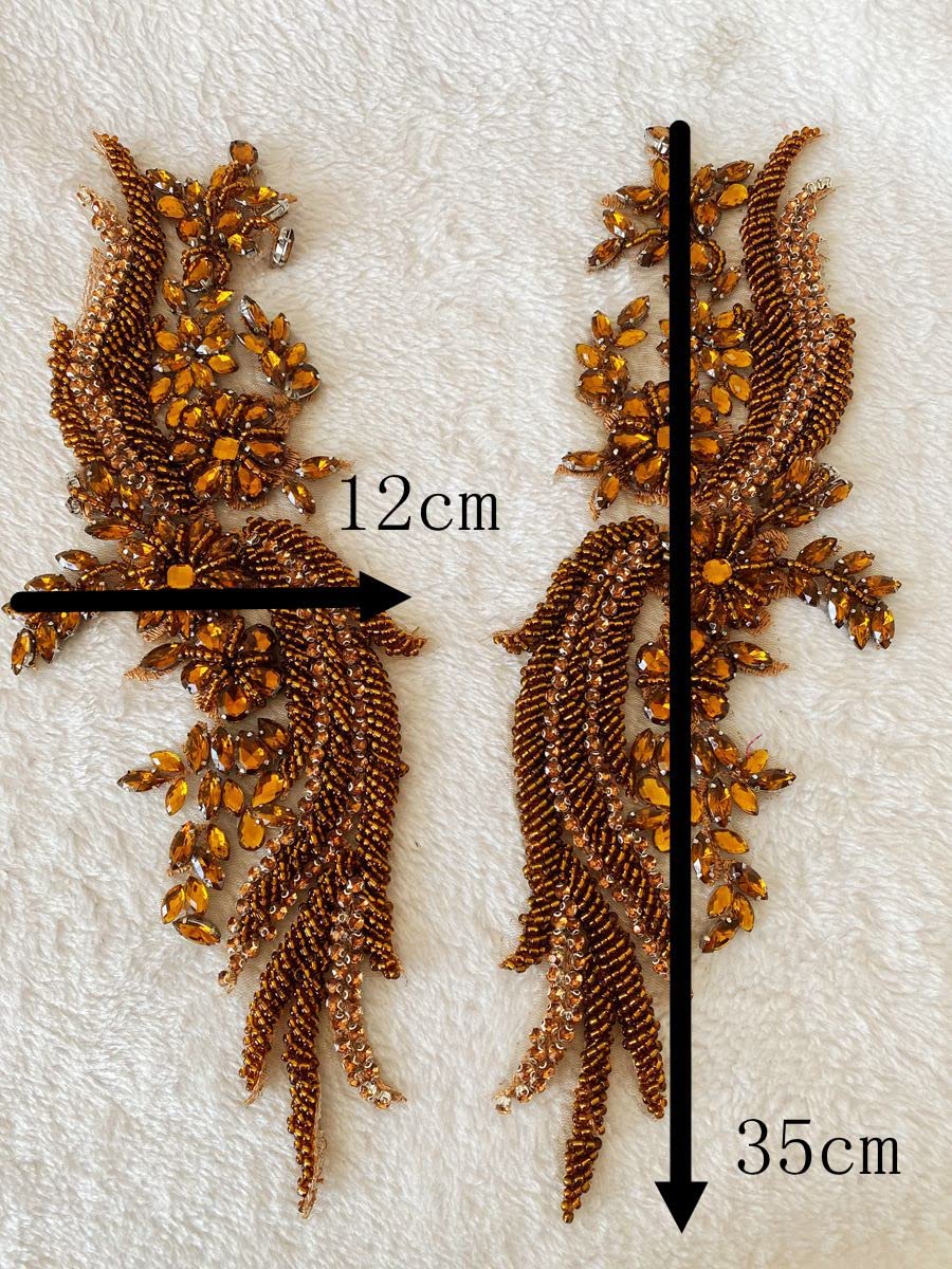 Handmade Rhinestones lace Applique handsewing Beads Trim Patches for Dress Clothing Accessories 35X12cm 1Pair/Bag