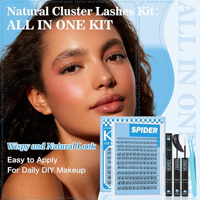 Spider Lash Clusters Kit Breeze D Curly Eyelash Clusters Natural Wispy Lash Extension Kit 8-16MM Fluffy Spider Cluster Eyelash Extensions Clear Thin Band with Lash Bond and Seal DIY Lash at Home