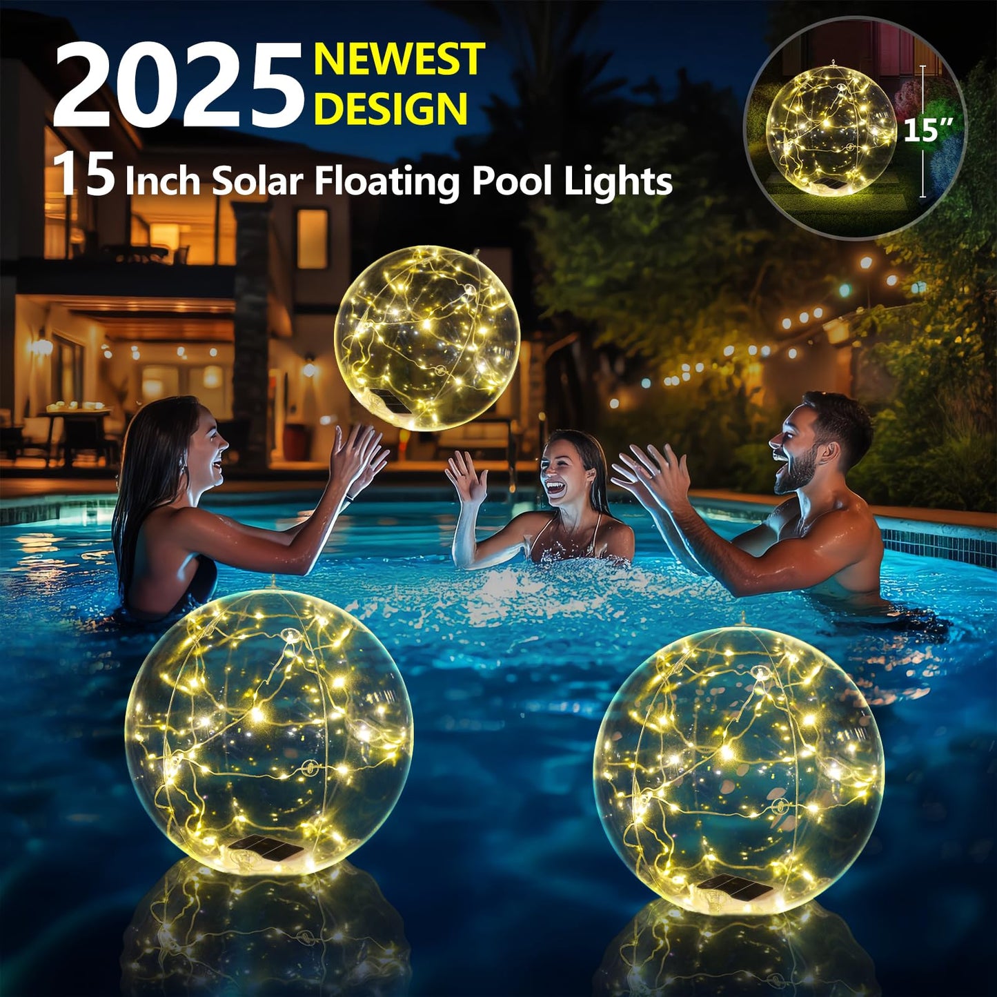 Cootway Floating Pool Lights, 15 Inch Warm White Solar Pool Light that Float, IP68 Waterproof Inflatable Light Up Pool Balls, Float or Hang Solar Floating Lights for Pool, Wedding, Party Decor - 2PC