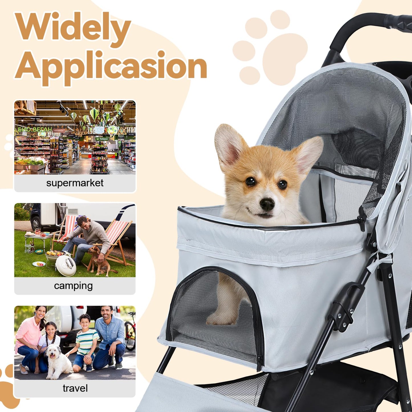 sxvbdway 4 Wheels Pet Stroller for Medium Small Dog up to 50lbs, Dog Cat Stroller, Outdoor Travel Pet Folding Strollers with Cup Holder, Detachable Carrier, Breathable Visible Mesh (Grey Upgraded)