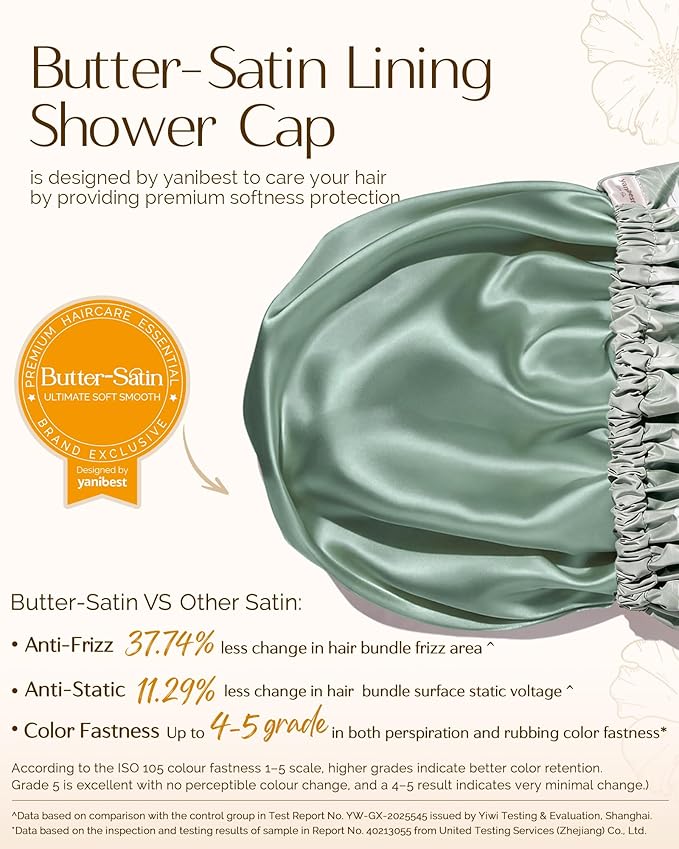 Yanibest Satin Lined Shower Cap for Women Reusable Waterproof, Frizz Free & Large Bath Cap with Soft Elastic Band, Luxury Hair Protection Caps (Green Leaves)