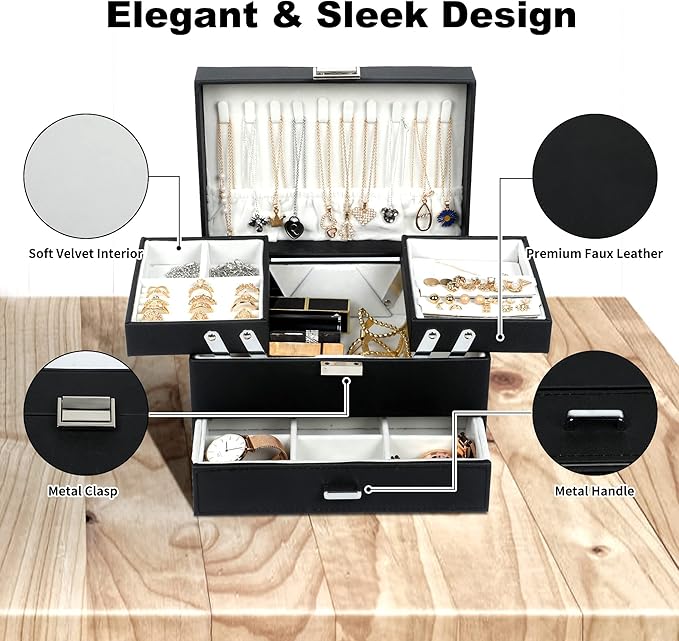 Dajasan Jewelry Organizer Box, Large Jewelry Boxes for Women Girls, Space-Saving 3 Layers Jewelry Storage Case with Drawer, Movable Metal Stand, Modern, Gift Idea (Black)