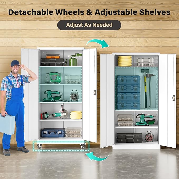 SISESOL 75" Tall Metal Storage Cabinet with Wheels,Rolling Garage Storage Cabinet with Lock,White Metal Cabinets with Wheels and Shelves,Tool Cabinets on Roller for Garage,Home,Office,Shop