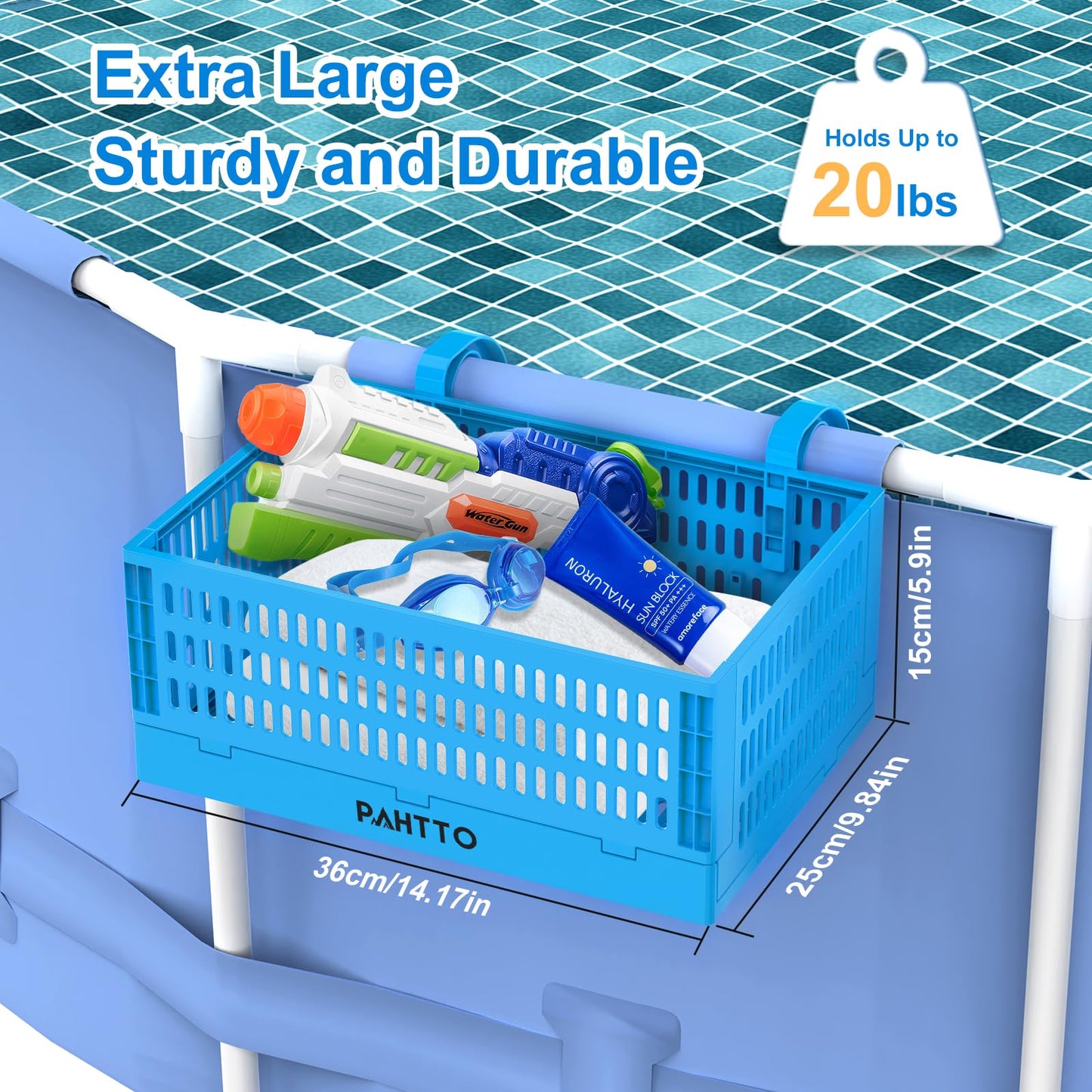 PAHTTO XL Poolside Storage Basket 2pcs, Foldable Above Ground Pool Storage Basket for Pool Toys, Towels, Beverages, Poolside Organizer, Pool Accessories for Above Ground Swimming Pool, Blue