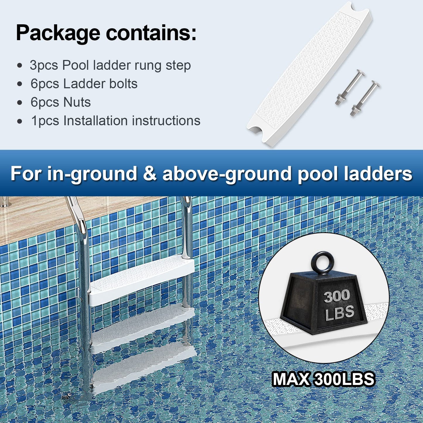 Goovilla Pool Ladder Steps Replacement, (3-Pack) 18" Universal Heavy-Duty Molded Plastic Swimming Pool Ladder Rung Step with 6 PCS Stainless Steel Bolts for Inground and Above Ground Pools, White