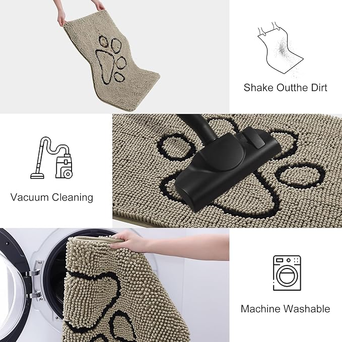 Smiry Dog Door Mat for Muddy Paws, Absorbent Dirt Trapper Non Slip Quick Dry Washable Chenille Mat for Mud Dogs, Entry Rug for Indoor and Outdoor (30x20 Inches, Warm Taupe and Black)
