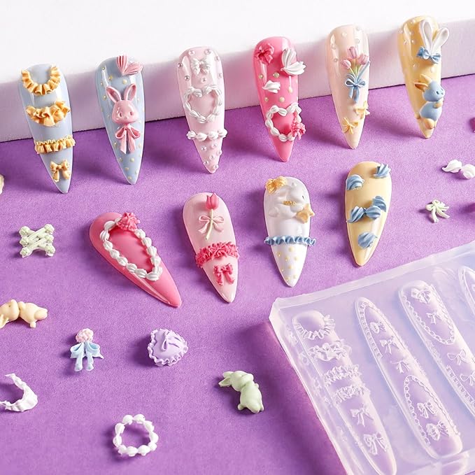 Laza 4pcs Cream Chain Silicone Nail Art Molds, 3D Multiple Shapes Embossed Cream Chain Bowknot Rabbit Charms Nail Accessories with Carving Pen Resin Nail Art Mold Manicure Tools for Manicure Design