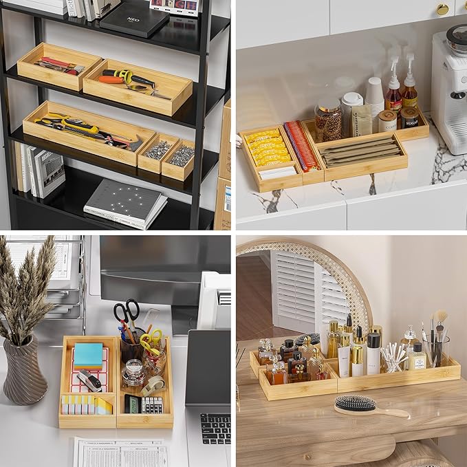 Lixple Bamboo Drawer Organizer, Cutlery Silverware Organizer for Kitchen Drawer, Stackable Utensil Organizer, 2 Pcs Flatware Organizer for Drawer, Wooden Storage Box Tray (Bamboo, 9 X 6 X 2 Inch)