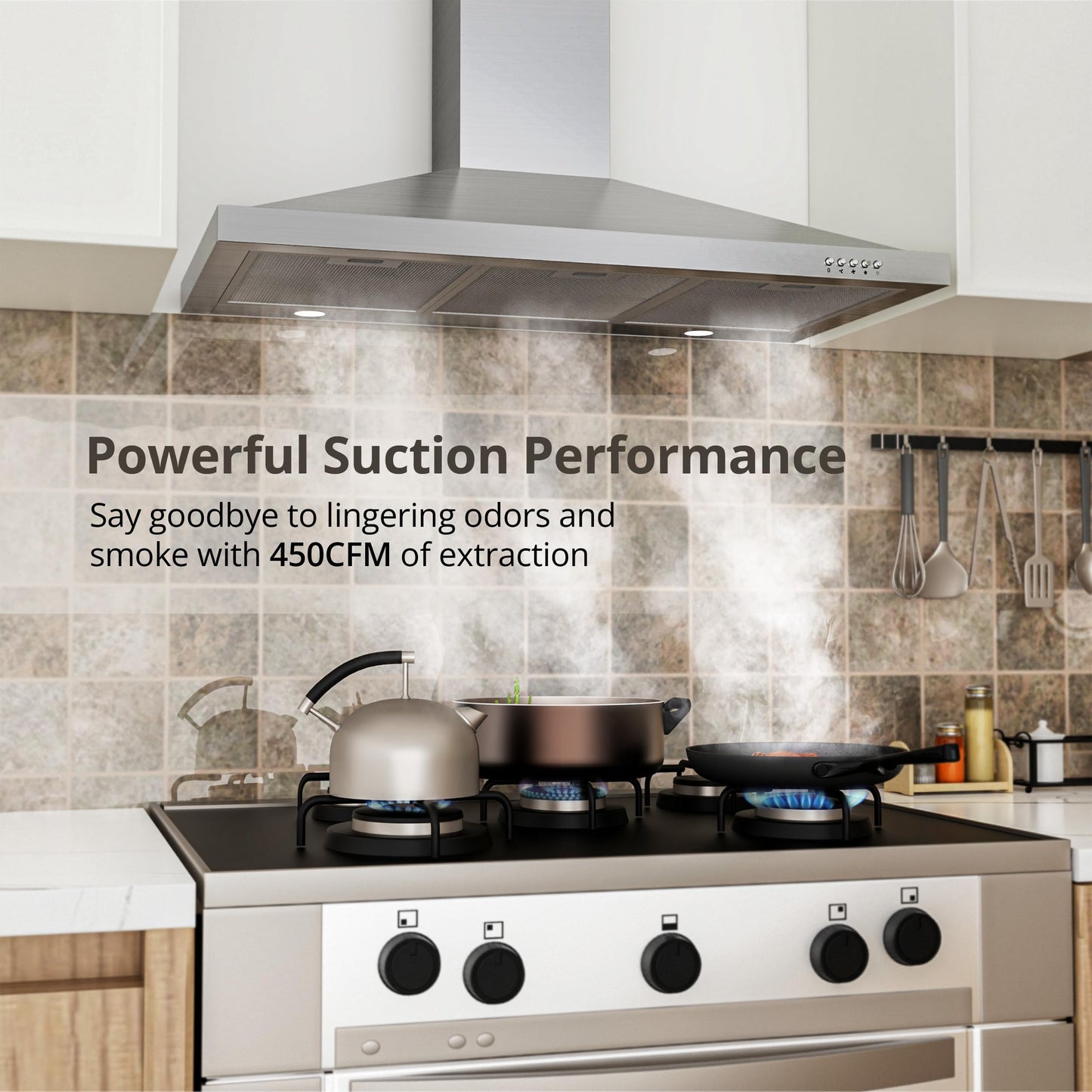 FIREGAS Range Hood 36 inch with Ducted/Ductless Convertible, 450 CFM Stainless Steel Wall Mount Chimney-Style Kitchen Hood, Over Stove Vent Hood with 3 Speed Fan, Charcoal Filters