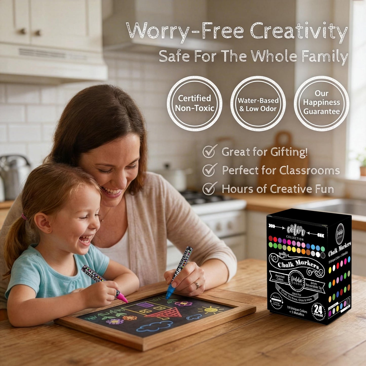 Loddie Doddie Chalk Markers - Pack of 24, 6mm Reversible Tips - Liquid Chalk Pens for Glass Surfaces & Windows - Erasable Pens for Chalkboard Calendar - Non-Toxic Chalkboard Markers