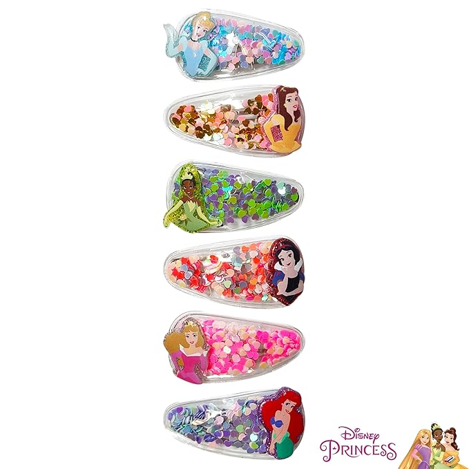 LUV HER Licensed Hair Accessories For Girls, 6pc Cute Hair Clips with Favorite Disney Princess Character Charms, Magical Confetti Hair Clips, Ages 3+