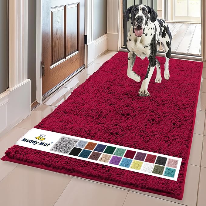 Muddy Mat® | Super Absorbent Door Mat Indoor, Microfiber Quick Dry Chenille Entryway Rug, Non-Slip Front Door Mat, Indoor Mats for Entryway, Machine Washable Pet Rug, Maroon 24" x 96"