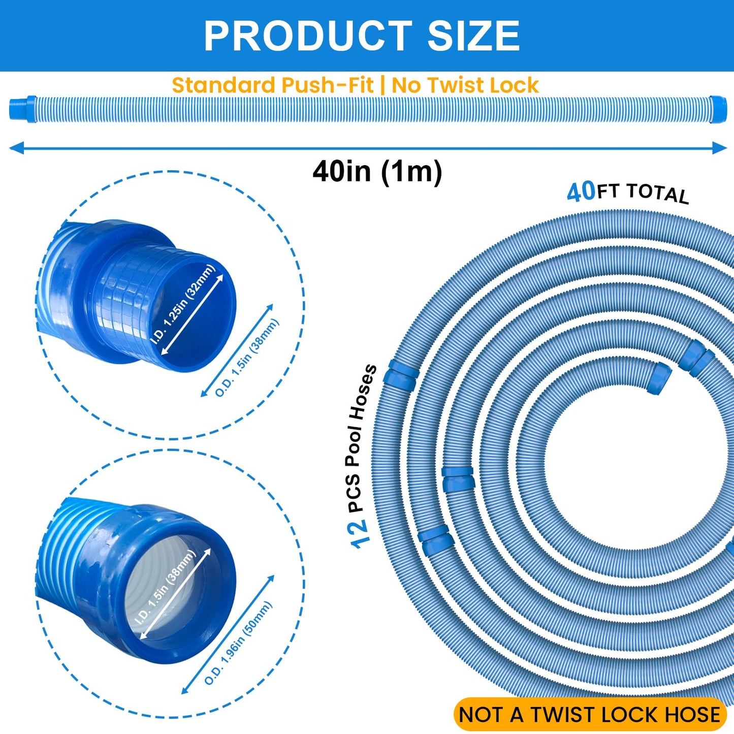 Poolvio Pool Vacuum Hose 40 Feet (12 x 40 Inch), 1.5 Inch Cuffs, Compatible with Most Inground Pool Automatic Cleaners, Blue