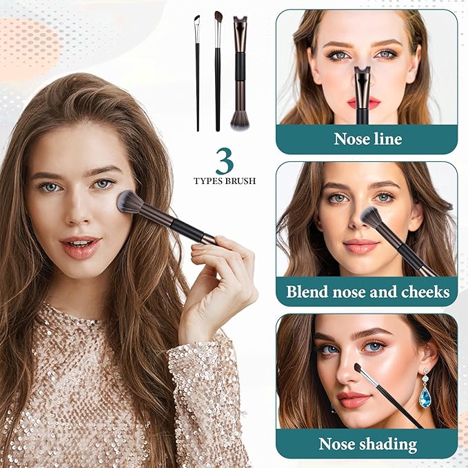 3 Pcs Sculpting Dual-End Nose Brush, 2-in-1 Nose Contour Brush Angled Makeup Brushes Blush Brushes for Sculpting and Defining Contour