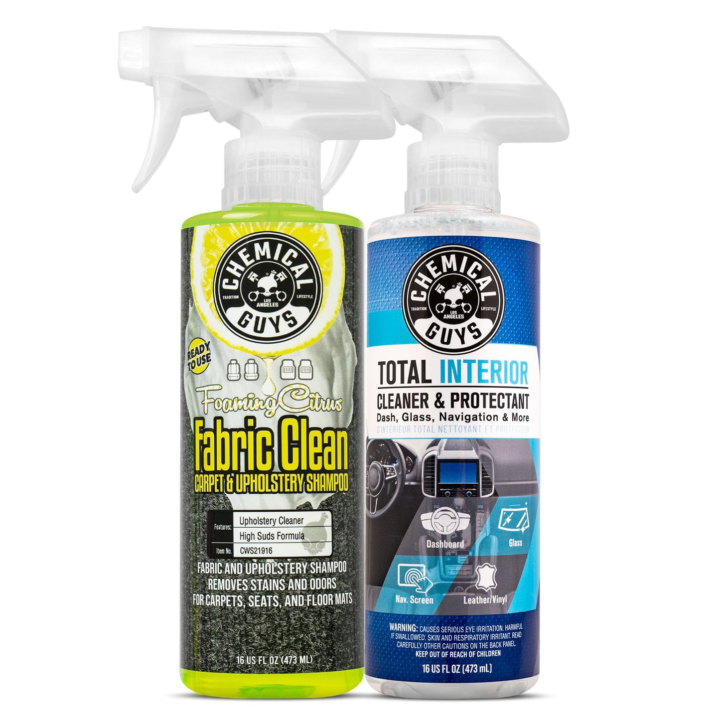 Chemical Guys Foaming Citrus Fabric Clean Carpet & Upholstery Cleaner, Ready To Use, Sprayable 16 fl oz, Citrus Scent + Total Interior Cleaner and Protectant, 16 fl oz