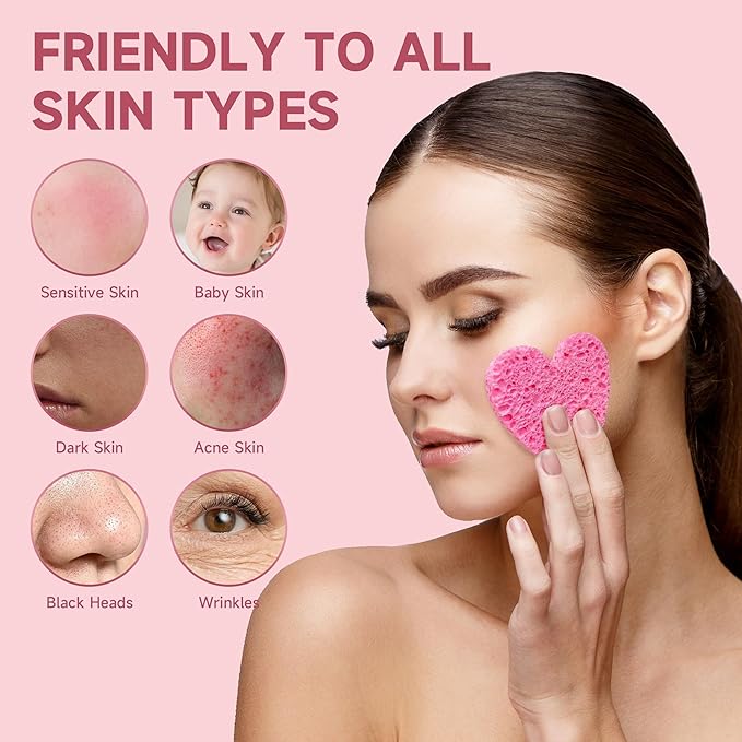 100 Count Compressed Pink Heart Facial Sponges 100% Natural Cellulose Eco-Friendly Makeup Sponges for Gentle Cleansing, Exfoliating & Stubborn Makeup Removal Travel & Home Beauty Essentials for Women