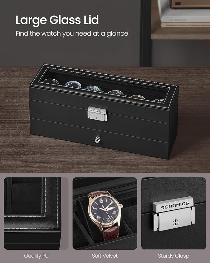 SONGMICS Watch Box, 6-Slot Watch Case Organizer with Large Glass Lid, 2 Layers, Removable Pillows, Metal Lock, Gift for Loved Ones, Black Synthetic Leather, Black Lining UJWB060B02