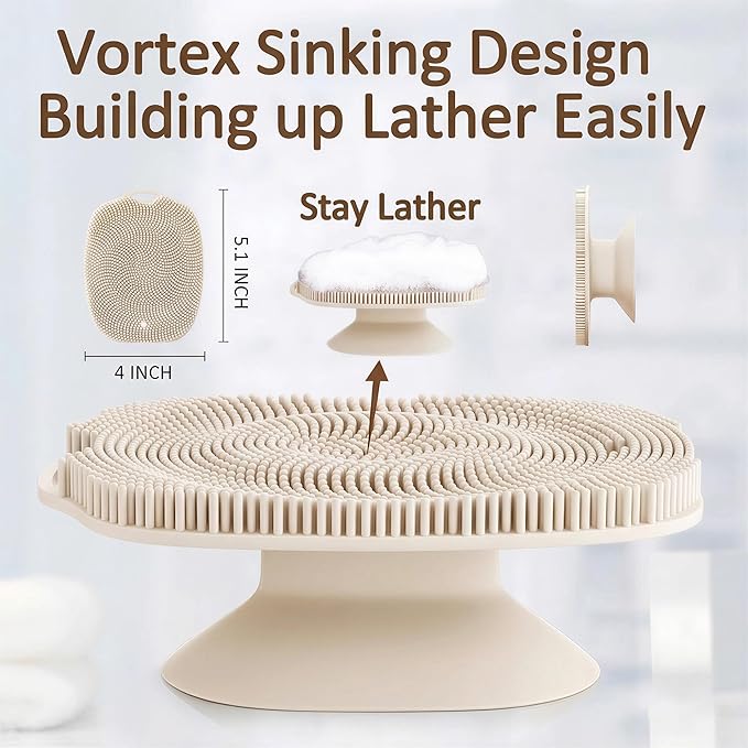 Soft Silicone Body Scrubber, Gentle Like a Hand Exfoliating Your Skin and Build Up Lather Easily, Back Large Suction Cup Easy to Store, Long-Lasting & Deep Clean (Beige)