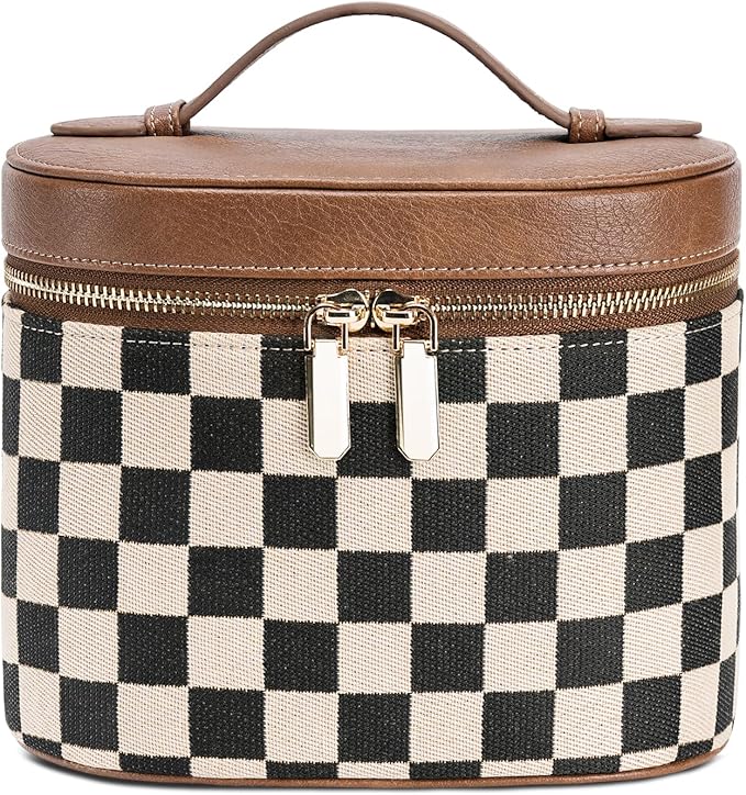 honitty Makeup Bag, Checkered Make up Case with Compartments and Handle, Portable Cosmetic Organizer Bags,Toiletry Bag for Women