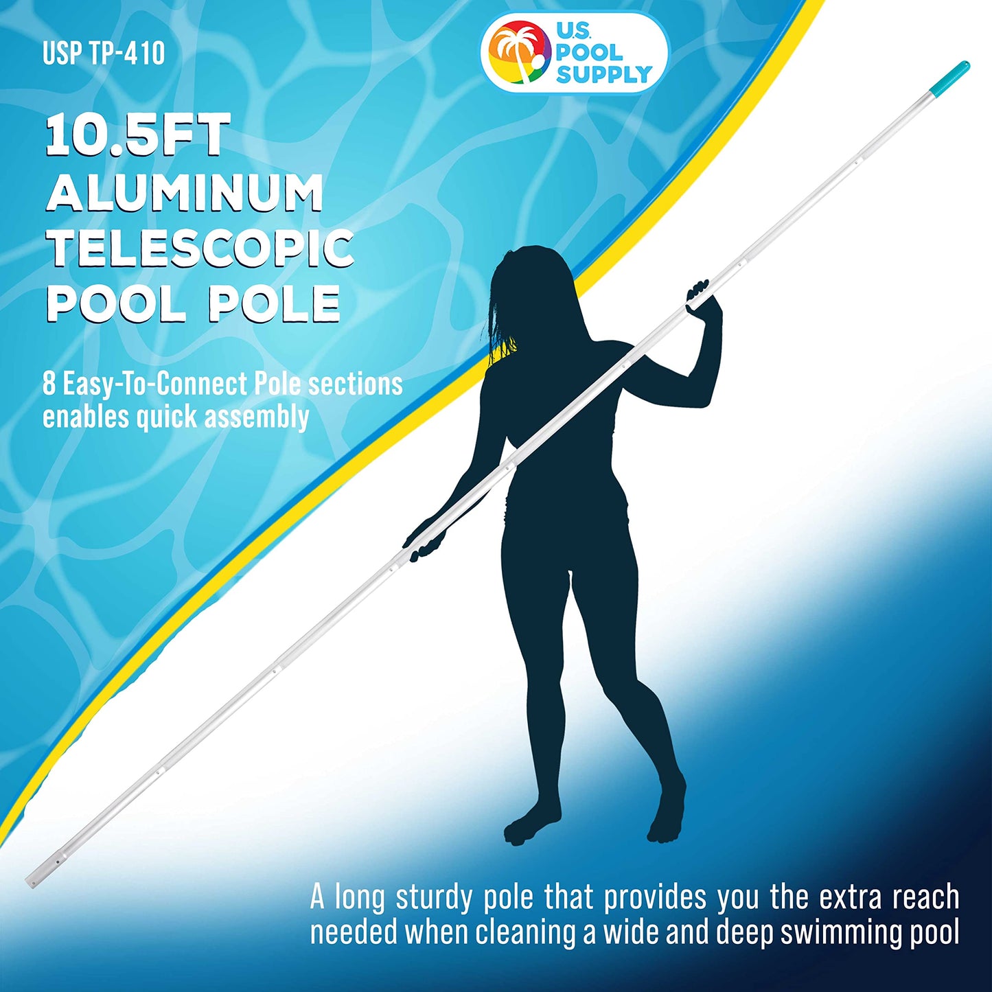 U.S. Pool Supply Telescoping Pole 10.5 Foot Aluminum Pool Pole Telescopic Cleaning - 8 Adjustable Connecting Sections, Expandable Step-Up Length - Attach Connect Skimmer Net Rake Brush Vacuum Heads