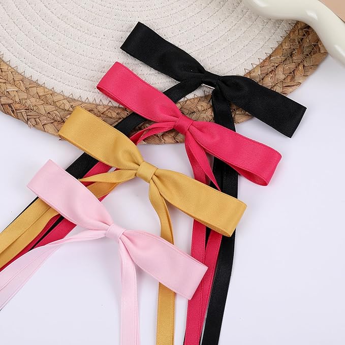 Hair Bows Clips Coquette Ribbon Bowknot with Long Tail Princess Hair Bows French Barrettes Hair Accessories for Women Girls 16PCS (Rose red, Pink, Yellow, Black)