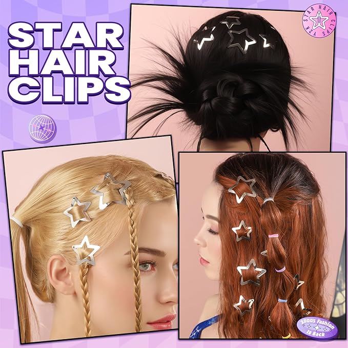 YGDZ Star Hair Clips and Barrettes Set - 20 pcs 1.22" Y2K Hair Accessories, 10 pcs 1.61" Silver Clips for Girls Women, Rave Accessories, Non-Slip Metal Snap Hair Clips