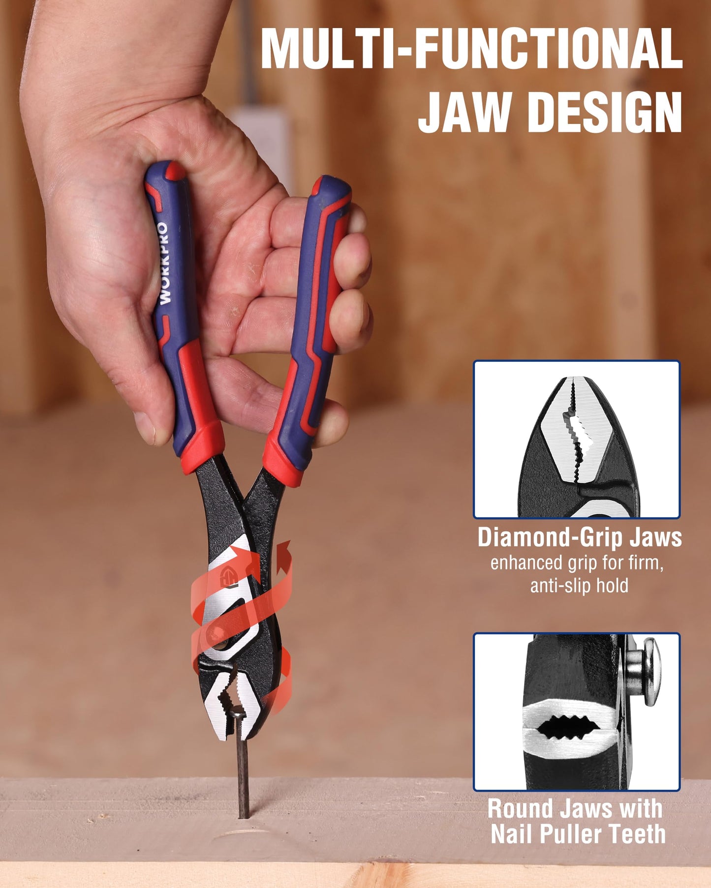 WORKPRO 8.5 Inch Slip Joint Pliers, High Carbon Steel Pliers Tool with 4-Modes Adjustment, TPR Handle, Box-joint Design, Diamond-Grip Jaws with Nail Puller Teeth For Maximum Grip