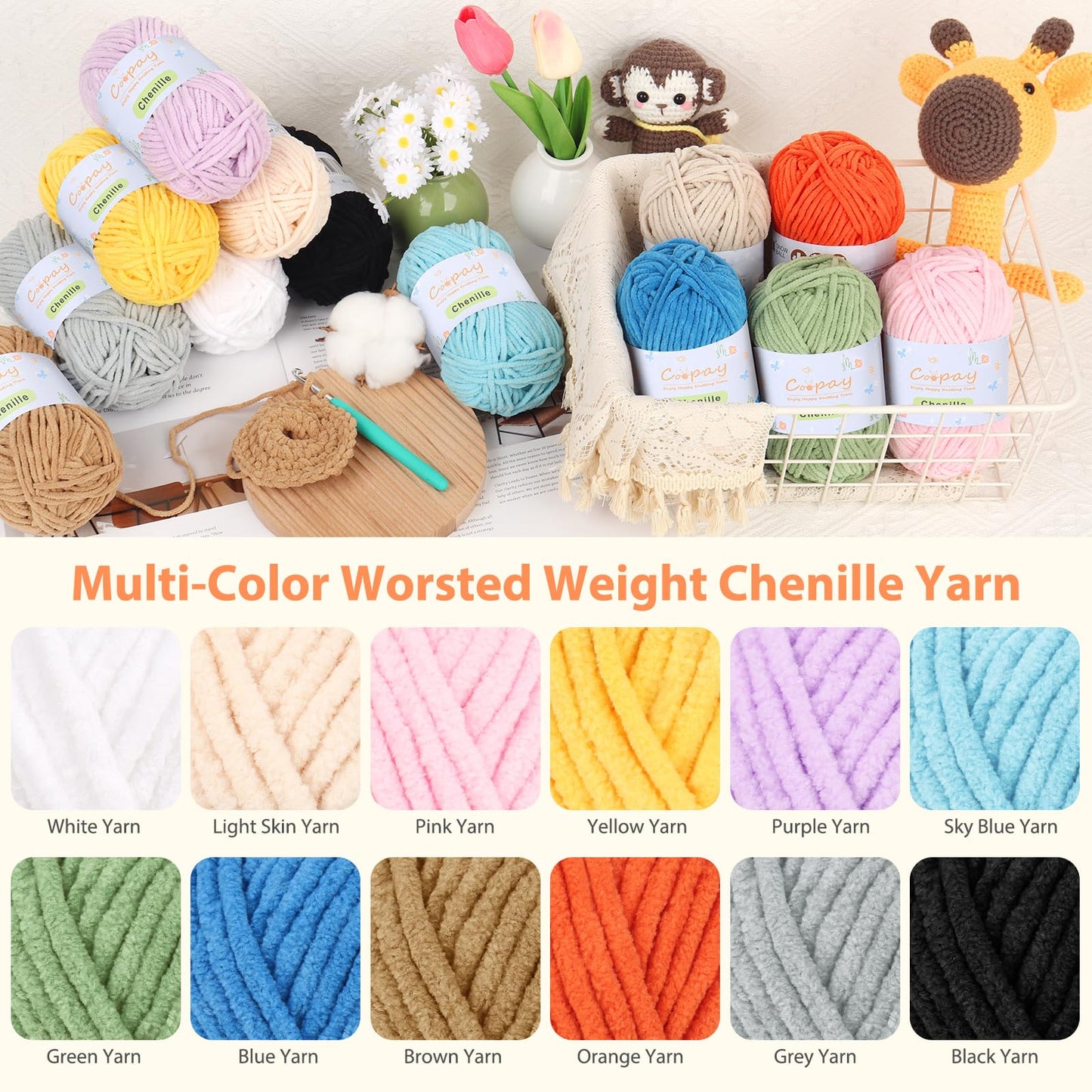 Coopay Chenille Yarn for Crocheting, 8 Pack Medium Weight Yarn - CYC #4 - Total 520yd, Soft Crochet Yarns for Plush Toys, Blankets, Scarves (Brown)