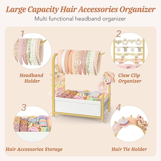 Keebofly Headband Holder Stand - Versatile Organizer for Scrunchies, Bows & Claw Clips - Compact Hair Accessories Storage for Girls, Women, Babies,Golden
