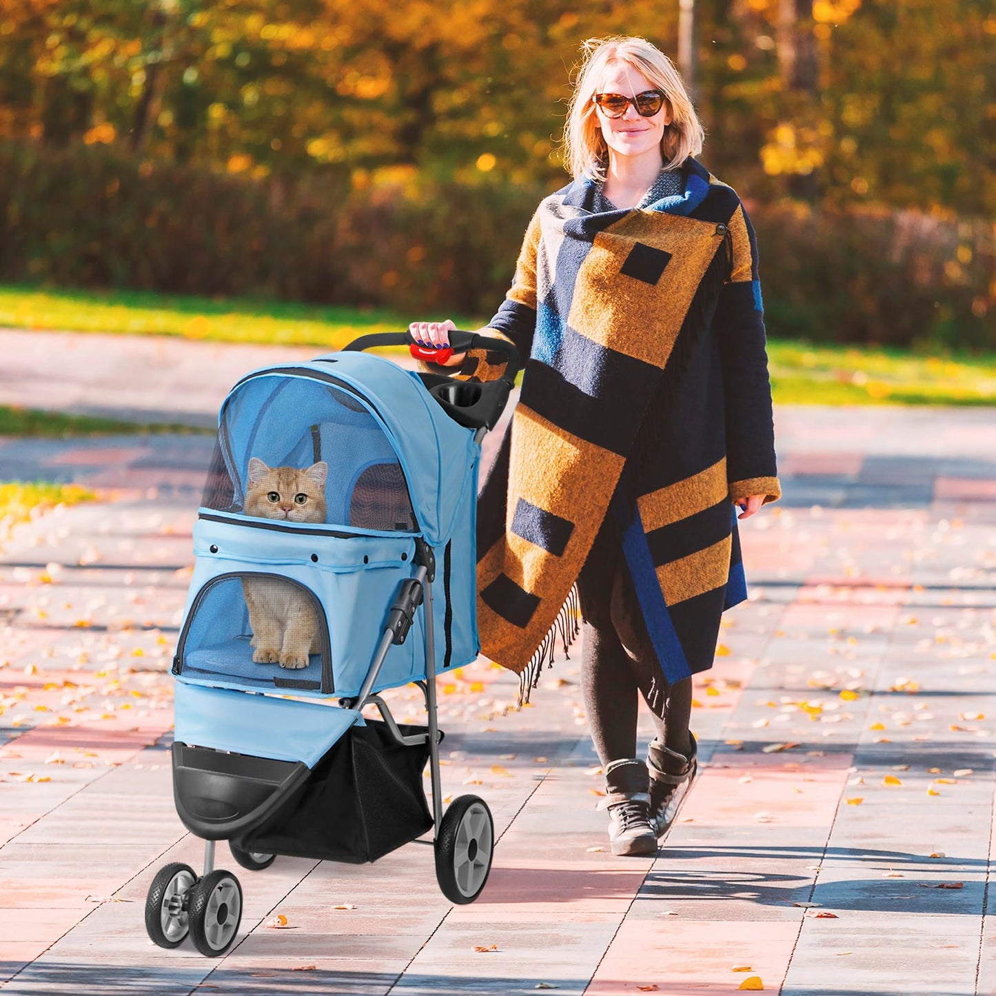 ZENY Foldable Pet Stroller, Cat/Dog Stroller with 3 Wheel, Pet Strolling Cart, Dog Travel Carrier with Storage Basket + Cup Holder (Blue)