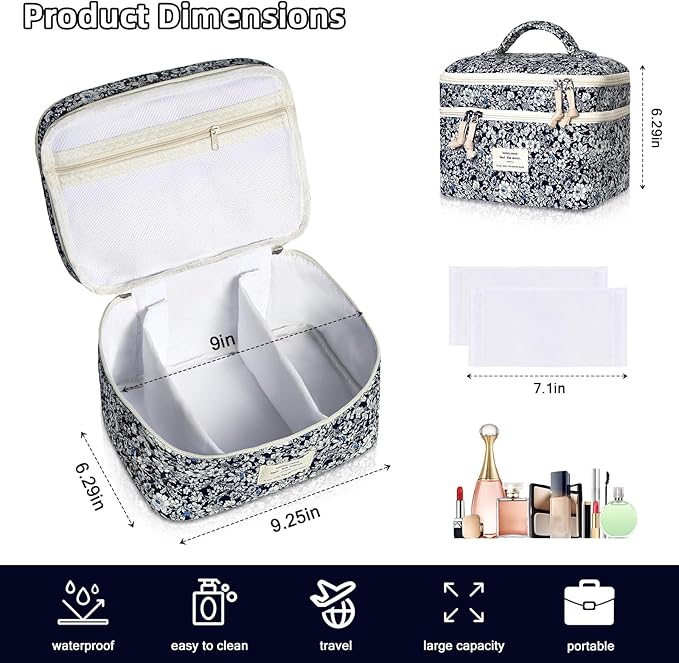 Makeup Bag, Portable Travel Make up Bag, Large Capacity Quilted Cosmetic Organizer Bag, Cute Floral Toiletry Bag for Women Girls (Black Rose)